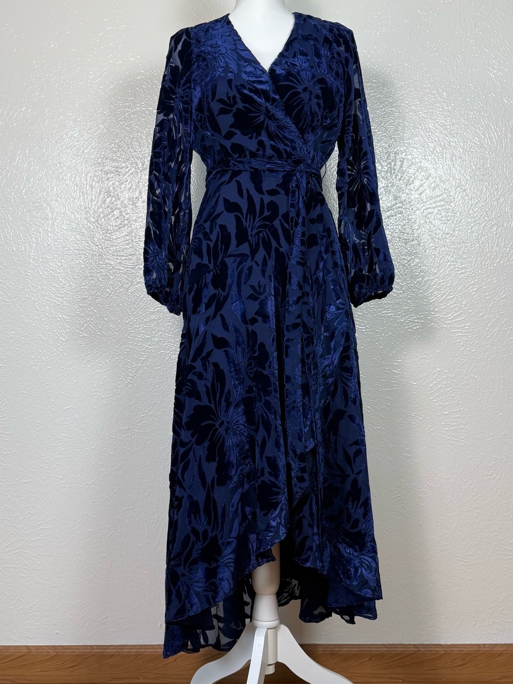 Anthropologie Hutch Navy Burnout Velvet Wrap Maxi Dress SP Petite